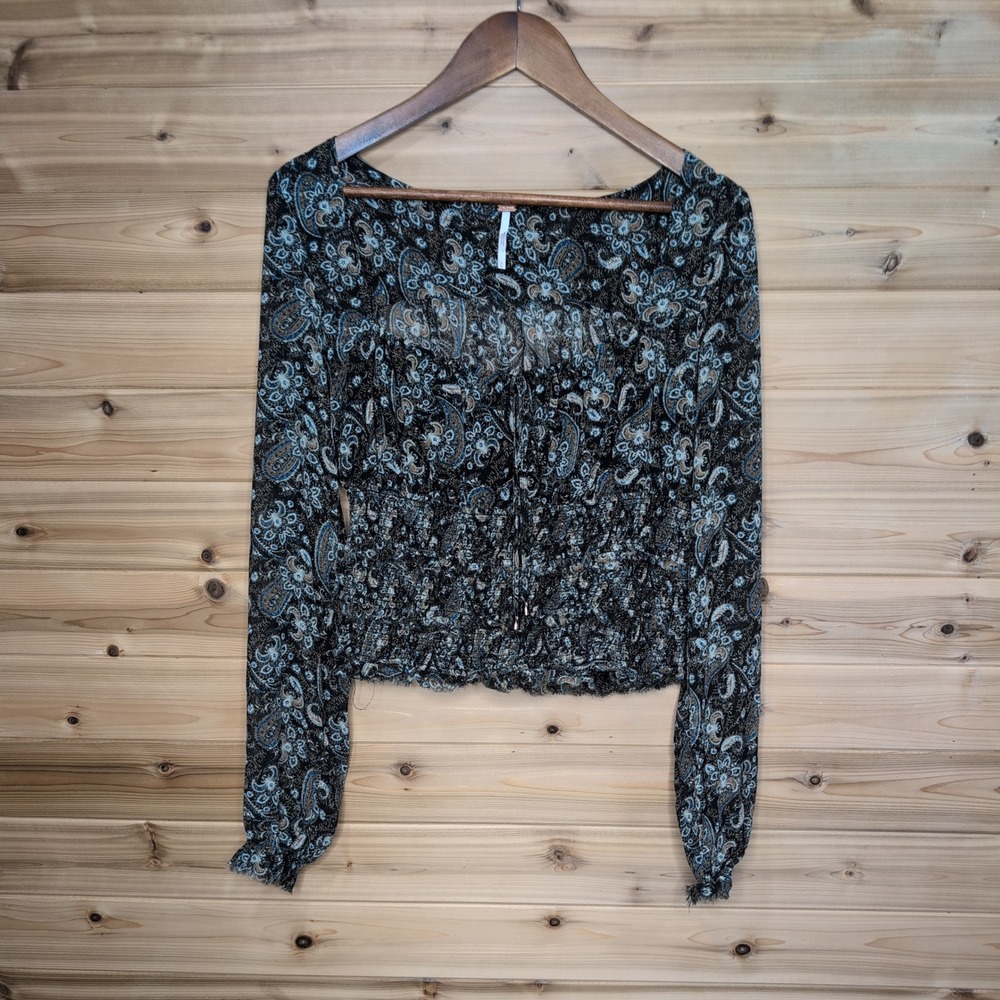 Free People Paisley Smocked Waist Tie Front Long Sleeve Top OB1018998 Black M